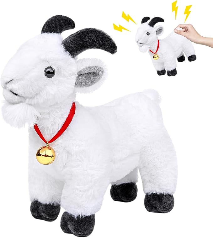 Screaming Standing White Goat with Bell Plush Animal Toy 10in, Realistic Screaming Goat Plush Toy, Cute and Funny White Goat Animal Plushies Model Gift Collection for Kids
