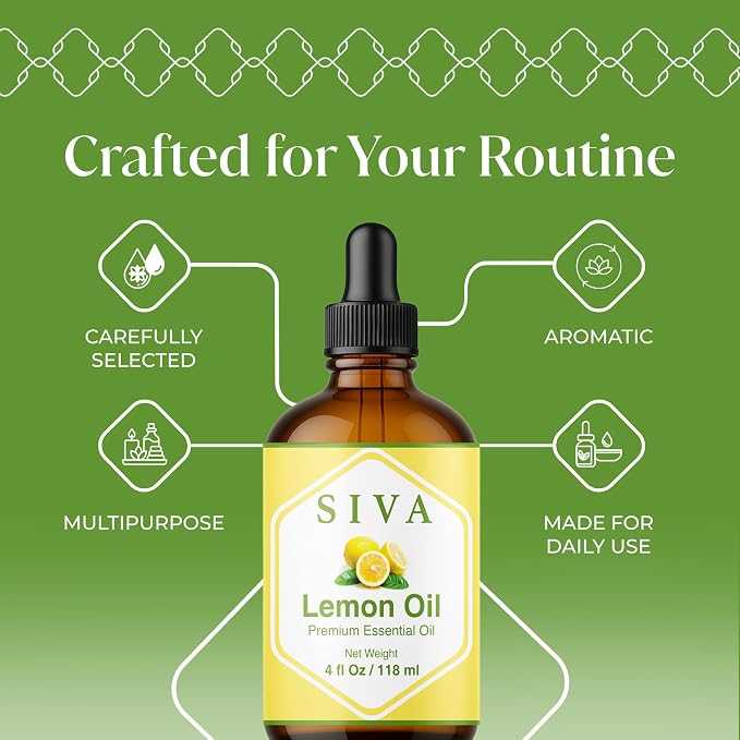 Siva Lemon Essential Oil - 4 Fl Oz – 100% Natural Lemon Oil - for Diffuser, Face, Skin Care, Aromatherapy, Hair Care, Scalp and Body Massage - with Dropper