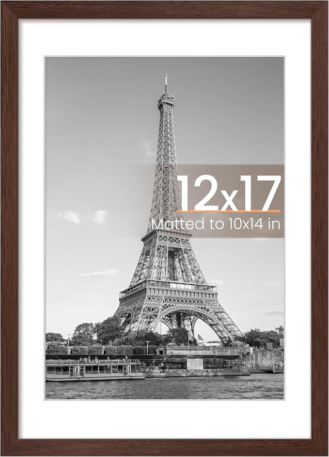 upsimples 12x17 Picture Frame, Display Pictures 10x14 with Mat or 12x17 Without, Wall Hanging Photo Frame, Brown, 1 Pack