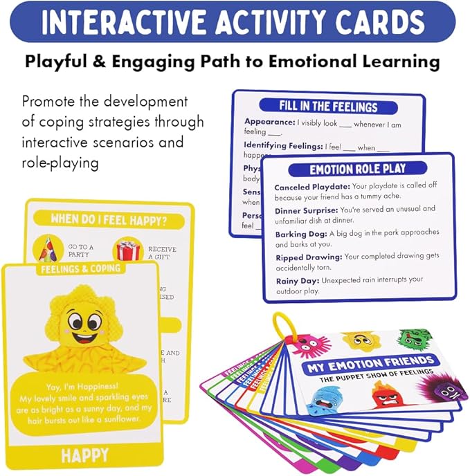 UrbanKiddy's My Emotion Friends | 6 Emotion Sensory Hand Puppets, Interactive Educational Toys for Emotional Growth, Social Skills, Mindfulness in Kids, For Home Classroom Therapy, With Activity Cards