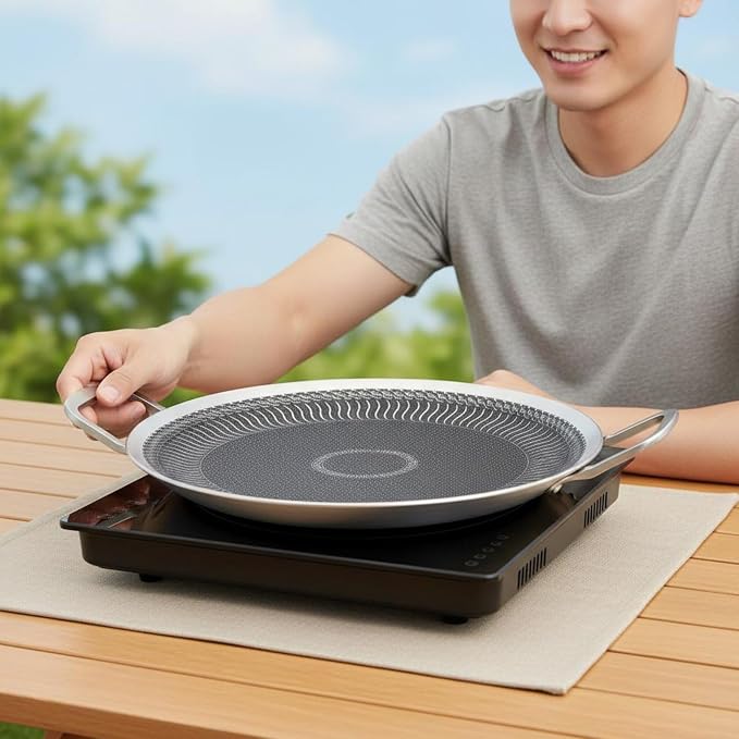 Korean Barbecue Pan Coating Round Stainless Steel Griddle Easy to Clean double Handle Grilling Pan for Camping, Outdoor, 34CM, Foldable