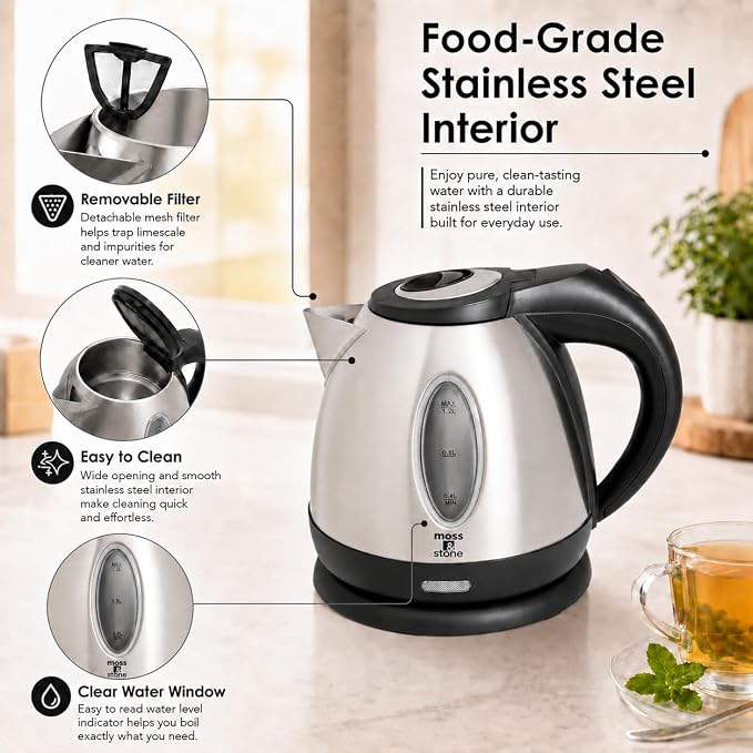 Moss & Stone 1.2L Stainless Steel Small Electric Kettle, Cordless 1500w Fast Boiling Pot, Portable Hot Water Electric Tea Kettle With Boil Dry Protection & Auto Shut-Off