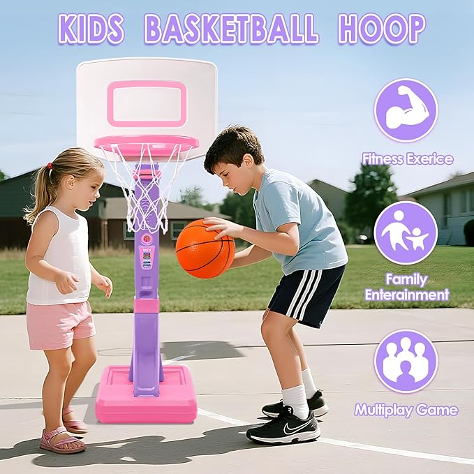 Toddler Basketball Hoop Indoor Outdoor - Height Adjustable 27.6-54 Inches (5 Slots), Kids Basketball Hoop with 4 Inflatable Balls & Pump, Safe Toddler Toys for 1-6 Year Old Boys Girls