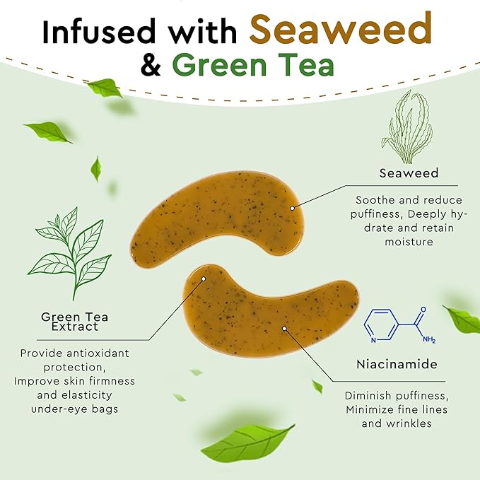 Under Eye Patches - 30 Pairs Green Tea Seaweed Eye Mask for Dark Circles - Puffy Eyes, Wrinkles, Undereye Bags - Soothing Hydrating Sensitive Skin Care Gifts for Teen Girls