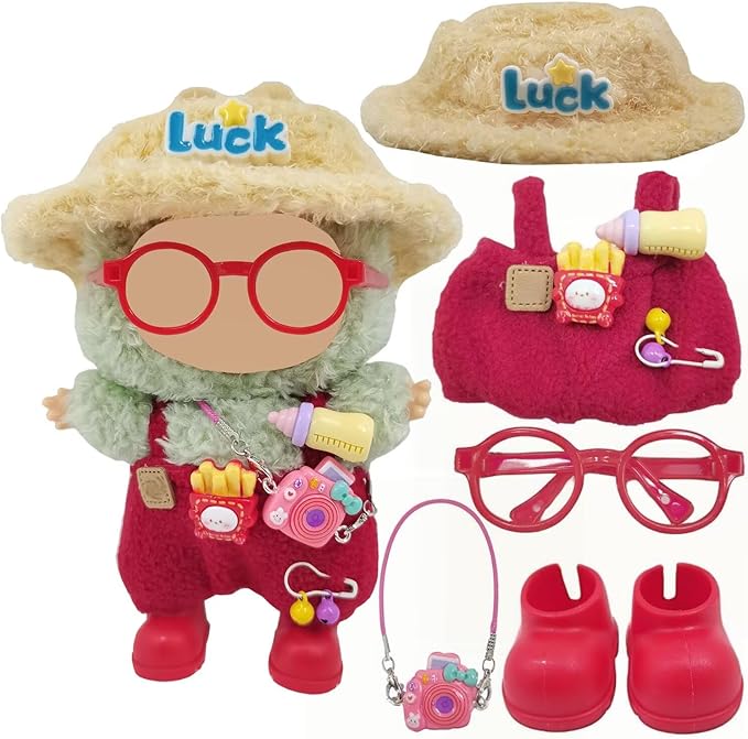 Doll Clothes Outfit and Accessories Suitable for 17cm Dolls, 5 Piece Set Romper Hat Camera Backpack Glasses Shoes (No Doll) Red