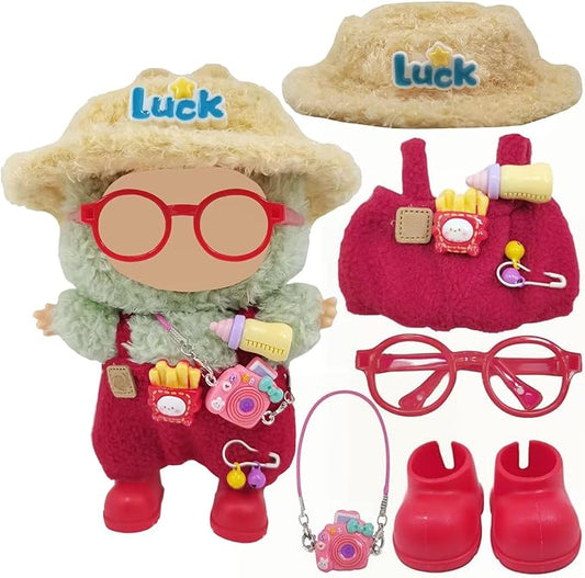 Doll Clothes Outfit and Accessories Suitable for 17cm Dolls, 5 Piece Set Romper Hat Camera Backpack Glasses Shoes (No Doll) Red