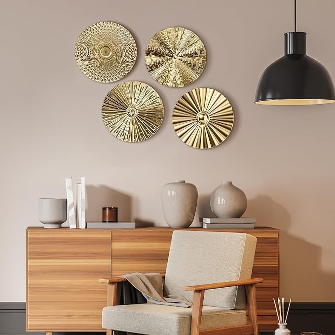 Hicarer 4 Pcs 12 Inch Gold Metal Wall Art Decor Modern Sunburst Hanging Artwork Decor Wall Decorations for Home Bedroom Bathroom Living Room Office Sculpture Gift