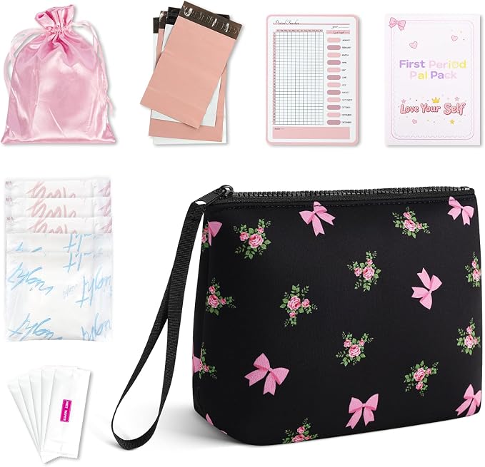First Period Kit for Girls, Neoprene Sanitary Napkin Storage Bag, Menstrual Pad Bag Tampon Holder for Purse, First Period Gifts for 9-12 (Pink Rose)