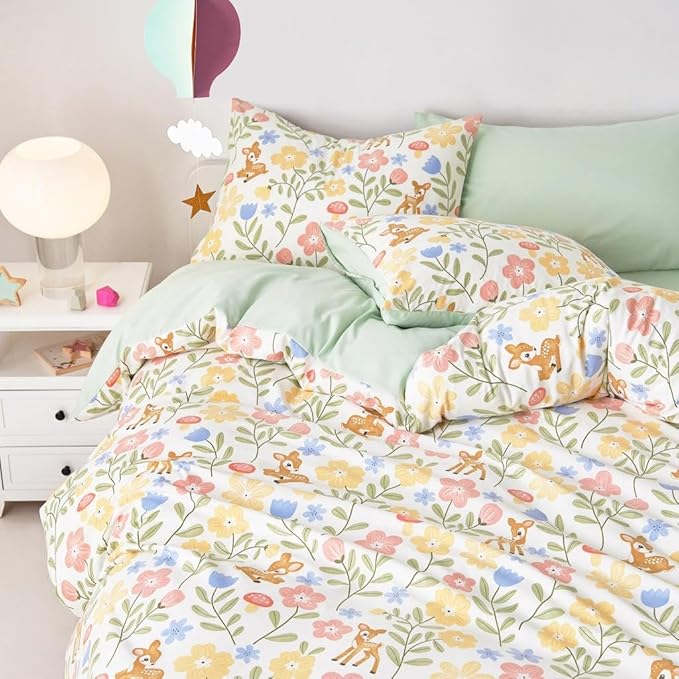 Wake In Cloud - Floral Bedding Set for Girls, Cute Colorful Botanical Flowers Deers Patterned Soft Lightweight Comforter Set with Sheets, 5 Pieces Kids Bed in a Bag, Green Cream, Twin Size