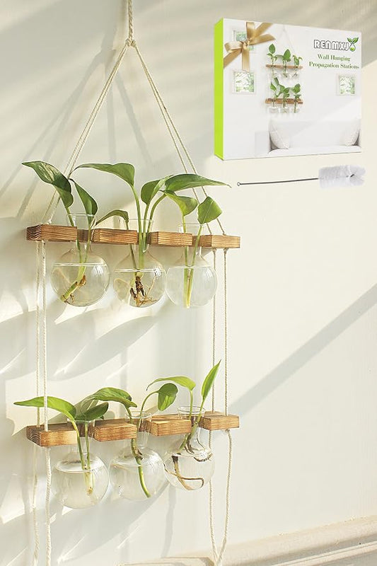 Plant Propagation Station Wall Hanging with 2 Tiered Wooden Stand | Plant Terrarium for Hydroponics Plants, Unique Gardening Gifts for Women Mom Plants Lovers - 6 Bulb Glass Vases