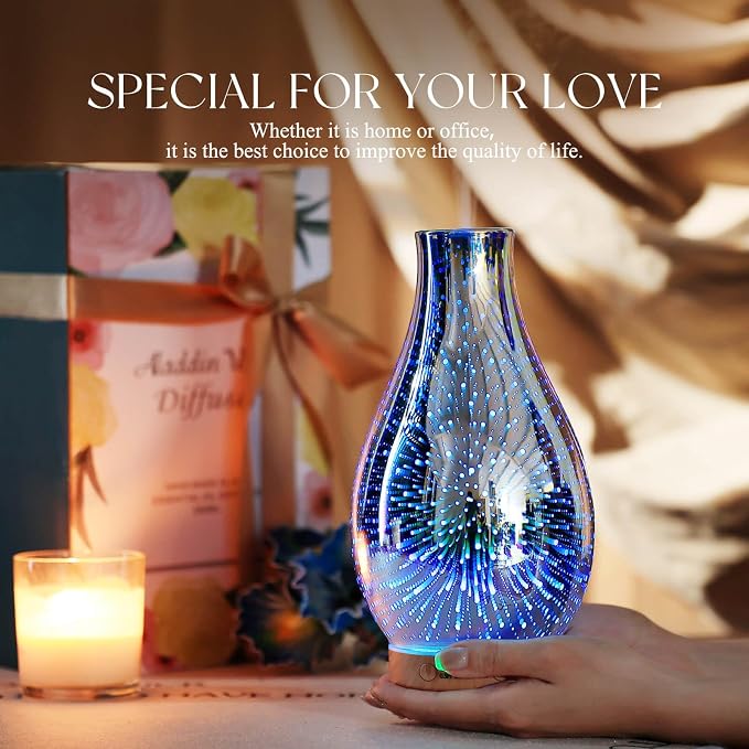 Porseme Essential Oil Diffuser 3D Glass Aromatherapy Ultrasonic Humidifier Cool Mist, Auto Shut-Off, Timer Setting, BPA Free for Home Office Hotel Yoga Gym Leisure SPA Gift 100ml