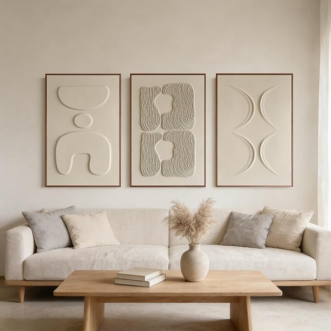 Thalasse Abstract Wall Art Large Framed 3D Sand Beige 16x24 In | Set of 3 Wabi Sabi Abstract Sandstone Relief Artwork with Solid Catalpa Wood Frame, Minimalist Triptych Pictures for Entryway