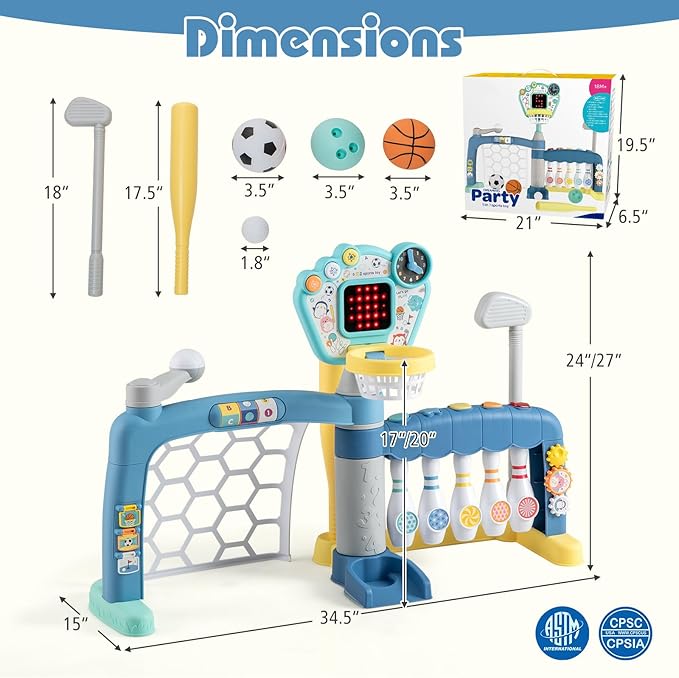 Costzon Toddler Basketball Hoop with Adjustable Height, 5 in 1 Basketball Bowling Baseball Soccer Golf Kids Activity Center, Toddler Sports Toy w/Lights & Sounds, Gift for Baby Boys Girls 18+ Months