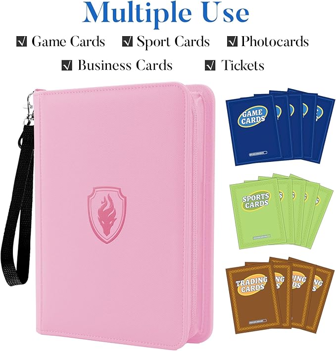 Fabmaker Premium 4 Pocket Zip Card Binder, Trading Card Binder for 320 Cards, Portable PU Card Collection Binder, Collector Card Album Folder for Game & Sports Cards (Pink)