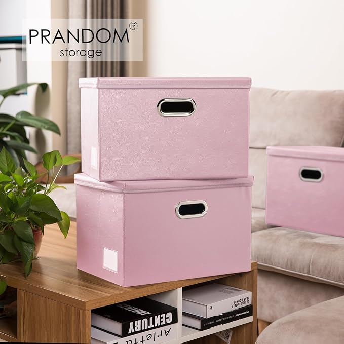 Collapsible Storage Bins with Lids [3-Pack] Leather Fabric Foldable Storage Boxes Organizer Containers Baskets Cube with Cover for Bedroom Closet Office Nursery Pink (14.9x10.8x10)