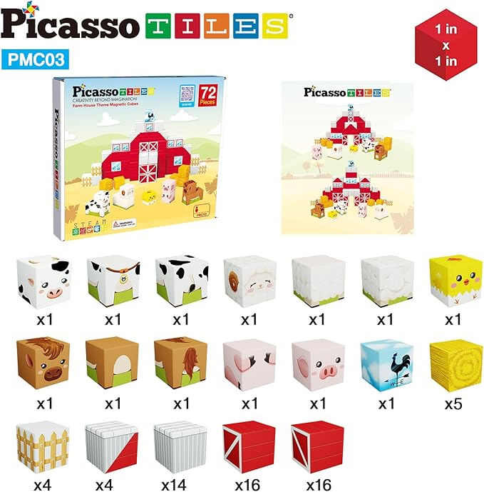 PicassoTiles Magnet Cube Farm House Theme Mix and Match Building Block Construction Toy Barn with 5 Magnetic Cubed Character Action Figure STEM Learning Education Sensory Pretend Play Kid Age 3+ PMC03