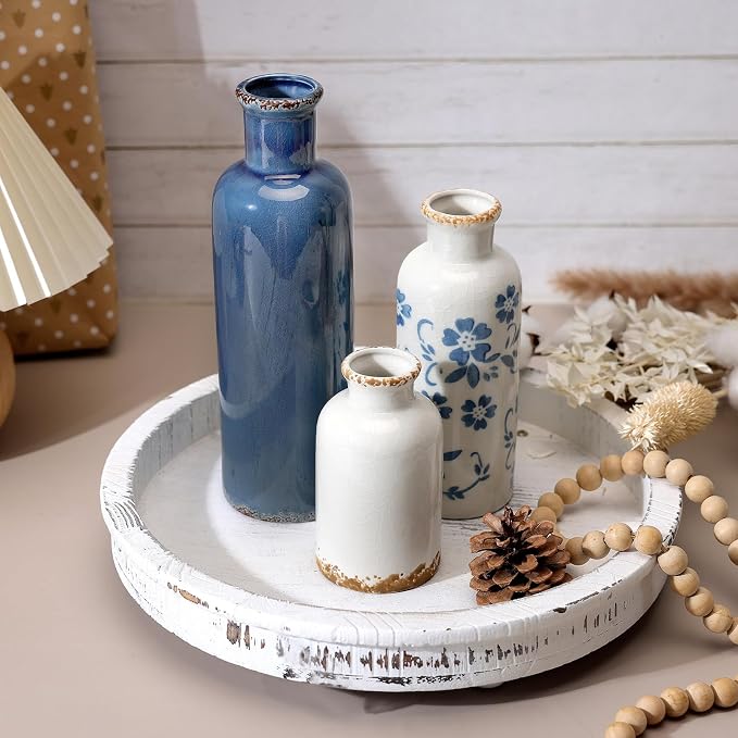 Ceramic Vases Set of 3, Blue and White Vintage Flower Vase Waterproof | Farmhouse Rustic Vase for Pampas Grass & Dried Flowers, Flower Vase for Table Living Room Home