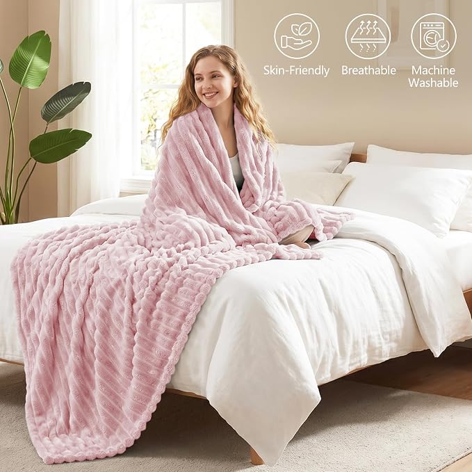 Pink Twin Blanket for Bed & Couch, 60 x 80 Inch | 300GSM Ribbed Fleece Blanket, Soft, Cozy & Lightweight, OEKO-TEX Certified, All-Season Use for Travel, Dorm & Home Decor