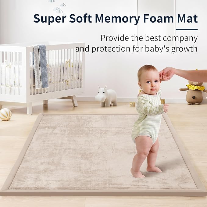 ACOMOPACK 1.3" Thick Baby Play Mat for Floor,50x50 Elasti-Foam Playpen Mat for Kids,Infants,Toddlers, Ultra Soft Crawling Mat with Non-Slip Bottom,Tummy Time,Nursery Rug,Yoga,Tatami（Beige）