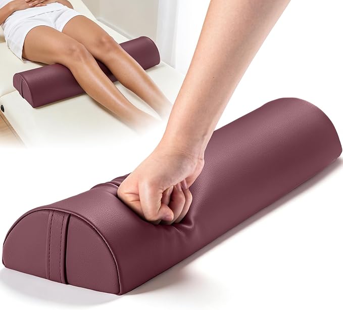 Noverlife Half Moon Bolster Pillow for Leg, 21 x 6 x 3 in PU Leather Semi Roll Massage Bolster Knee Support Pillow Pad, Water & Oil Proof D Shaped Cushion for Yoga Therapy Spa Sleep Physical Relief