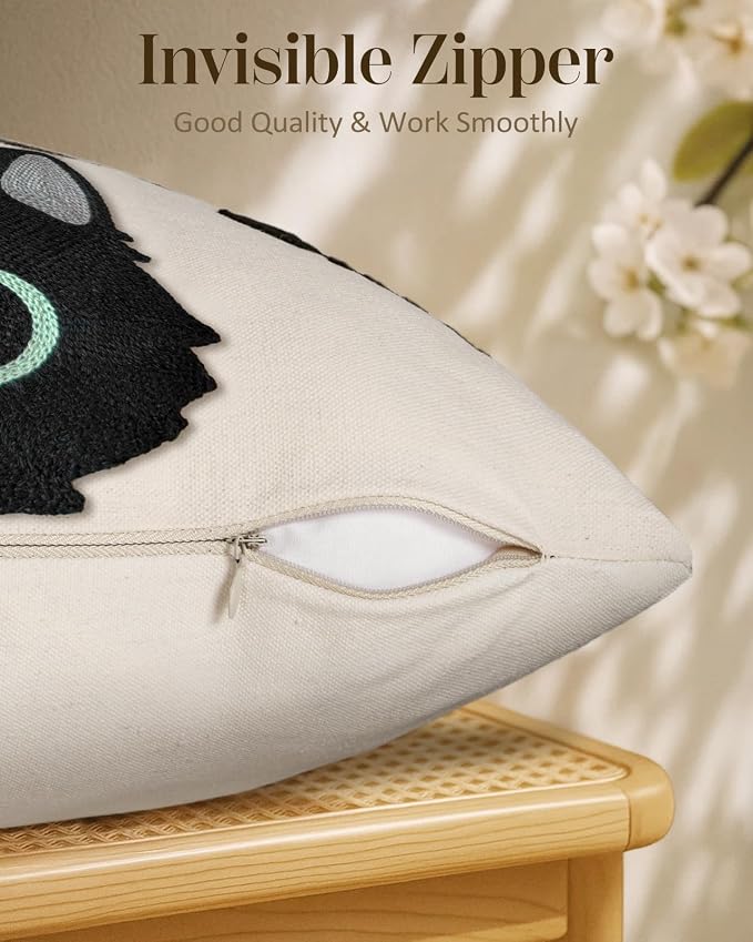 Embroidered Throw Pillow Cover 18x18 Inch, Cat Bone | Decorative Pillow Cover, Whimsical Cushion Case with Hidden Zipper, Cottagecore Decor for Couch, Sofa, Living Room, Bedroom
