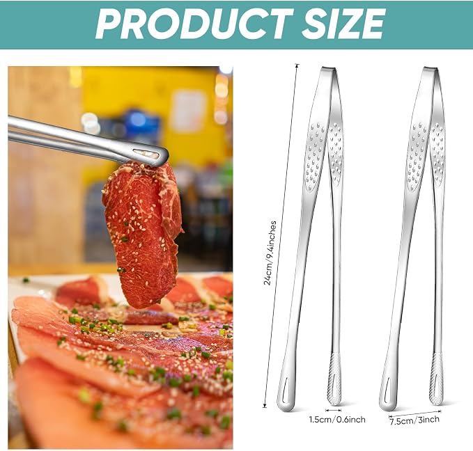 meekoo 6 Pcs 9.5 Inches Stainless Steel Korean BBQ Grill Tongs Japanese Barbecue Tongs for Cooking Portable Kitchenware Home Outdoor Steak Salad Food