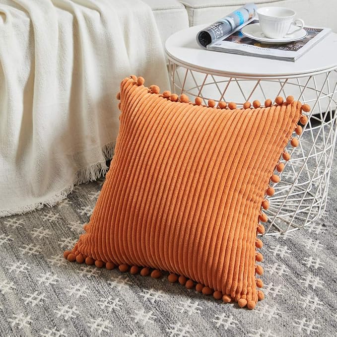 Fancy Homi Pack of 2 Corduroy Fall Decorative Throw Pillow Covers with Pom-poms, Solid Square Cushion Case Pillow Cases Set for Couch Sofa Bedroom Car Living Room (20x20 Inch/50x50 cm, Orange)