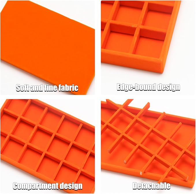Velvet Jewelry Trays for Drawers, Orange 18 Grids | Stackable Jewelry Drawer Organizer Inserts, Ring Earring Holder Organizer Storage Display Tray with Removable Dividers