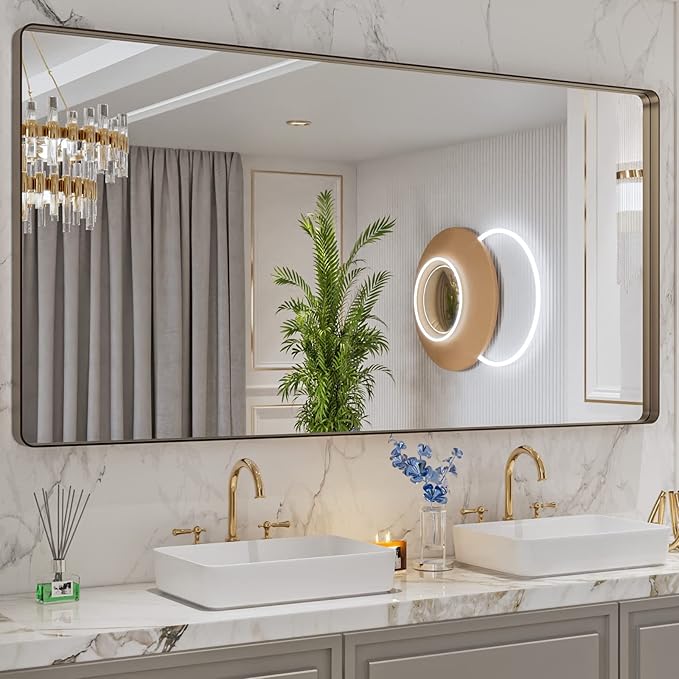 LOAAO 72"X36" Bronze Bathroom Mirrors | Rounded Rectangle, Brushed Bronze Metal Frame, Anti-Rust, Tempered Glass, Hangs Horizontally or Vertically