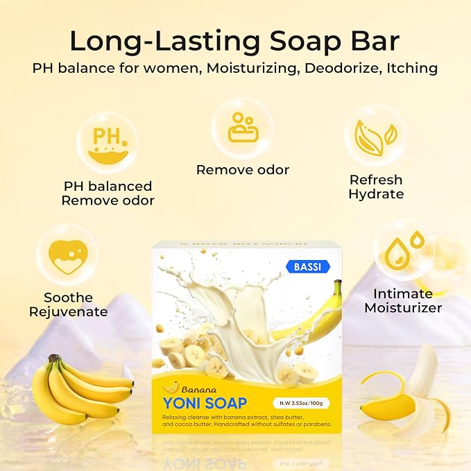Yoni Soap Bars & Natural Yoni Oil Set, Natural Yoni Wash for Women Feminine Wash Deodorants pH Balance, Eliminates Odor, Banana Feminine Oil 30ml/1 oz, 2pcs 3.53 oz Bath Soap