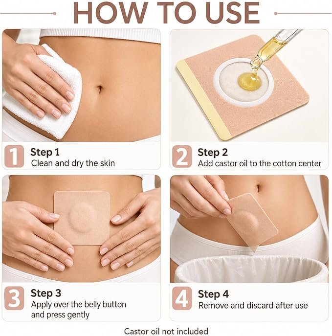 50Pcs Castor Oil Patches, Organic Cotton Castor Oil Pack Wrap Disposable Self-Adhesive Belly Button Patch Cover for Castor Oil, Mess-Free Anti Leakage No Wash Castor Oil Packs for Stomach