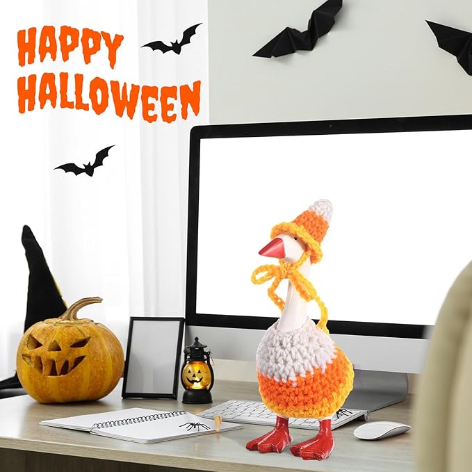 Halloween 7inch Desk Goose Outfits Mini Knitted Costume with Hat for Desk Magnetic Goose Key Holder Halloween Decor (Witch)(1 Set,Candy Cone)