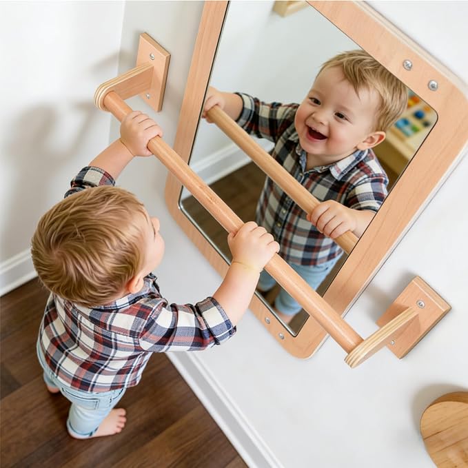 Montessori Baby 2-in-1 Shatterproof Safety Mirror with Pull-Up Bar - Infant Wall Mount & Floor Play for Tummy Time (6 Months+)