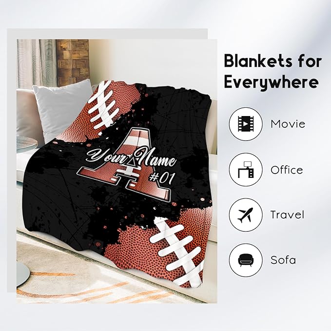 Custom Football Blanket Gifts for Boys - Personalized Initial Sports Blanket with Name - 50x60 Inches Cozy Fleece Large Throw for Teens - Cool Ideas Decor for Football Players