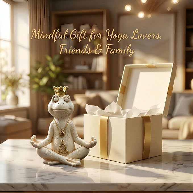 Meditating Zen Frog Statue Decor with Bonus Om Necklace - 5.8" Hand-Painted Resin Figurine - Yoga Room, Office Desk & Shelf Ornaments - Mindful Spiritual Gift for Women & Yoga Lovers (White)