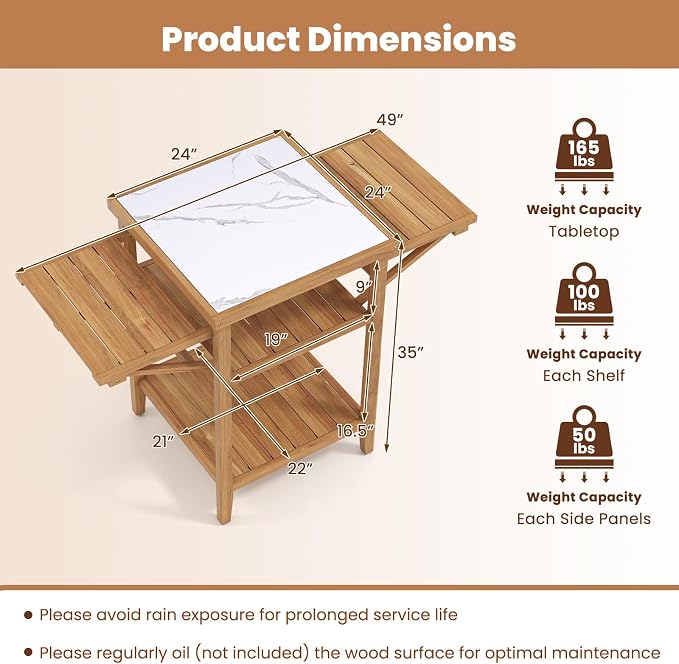 HAPPYGRILL Outdoor Wood Grill Table w/Faux Marble Top, 2-Tier Open Shelves | Outside Kitchen Island & BBQ Prep Table w/Drop-Leaf Side Panels, Acacia Wood Pizza Oven Grill Cart for Patio Backyard Party