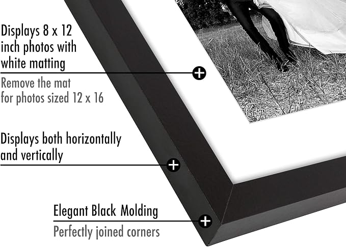 Americanflat 12x16 Picture Frame with Shatter-Resistant Glass - Use as 8x12 Frame with Mat or Display 12x16 Photo Without Mat - Signature Collection - Picture Frames for Wall Display - Black | Shatter-resistant glass, hangs vertical or horizontal, sawt...