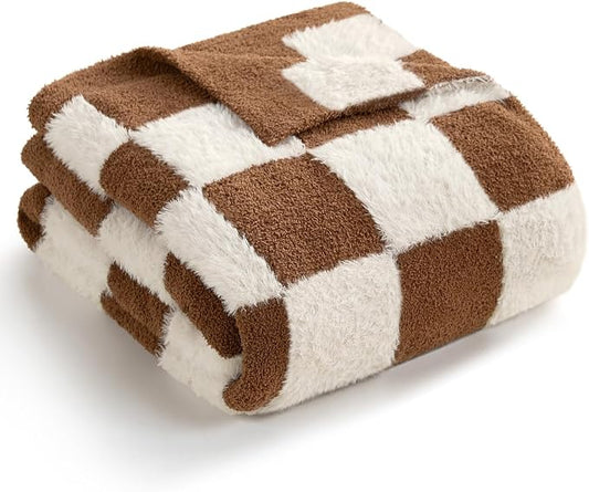 Snuggle Sac Brown Checkered Throw Blanket Faux Fur Microfiber Blankets for Couch,Cozy Soft Warm Blanket for Sofa Bedroom Living Room,Brown Checker,50x60 inches