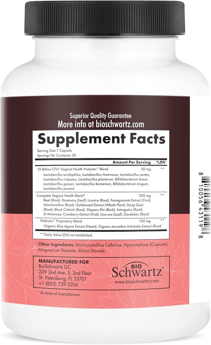 BioSchwartz Vaginal Probiotics for Women Supplement with Prebiotics Lactobacillus Crispatus - Supports Women's Health by Promoting Healthy Vaginal Odor, Flora, PH Balance - 30 Day Supply, 30 Capsules