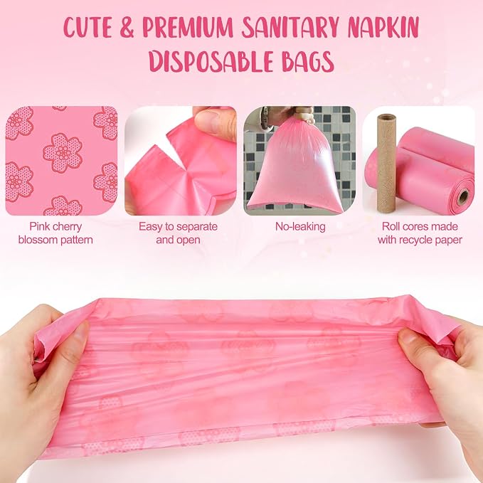 Portable Sanitary Napkin Disposal Bags Sakura Scented with Pink Bag Dispenser 0.5 Gallon Fits Tampons, Sanitary Napkins, Diapers 165 pcs