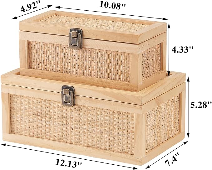 Rattan Decorative Boxes with Lids, Stackable Keepsake Box Set of 2 | Boho Decorative Box for Home Decor Secure Metal Latch Locks, Rustic Farmhouse Memory Box for Shelf, Photo, Wedding, Cards