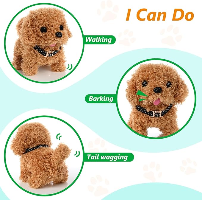 Electronic Interactive Plush Puppy - Battery Operated Mechanical Walking Little Pet Dog with a Cute Bag, Barking, Tail Wagging, Stretching Companion Animal for Toddlers & Kids (Brown)