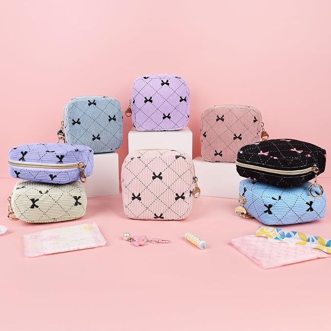Period Bag for Teen Girls, Corduroy Cute Sanitary Napkin Storage Bag, Menstrual Pad Tampon Holder for Purse (Blue-Bow Tie)