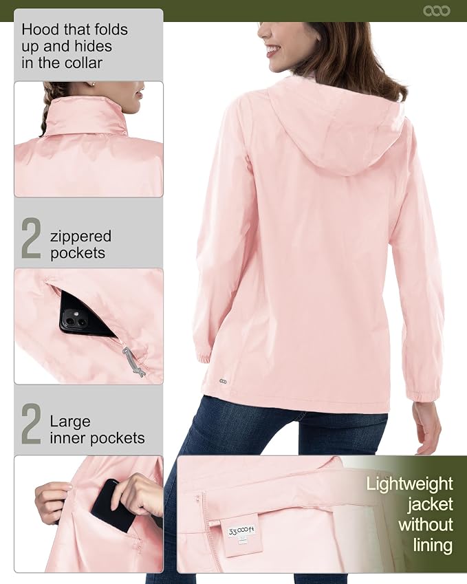 33,000ft Women's Rain Jacket Waterproof Lightweight Packable Raincoat with Hood for Golf Hiking Travel Windbreaker