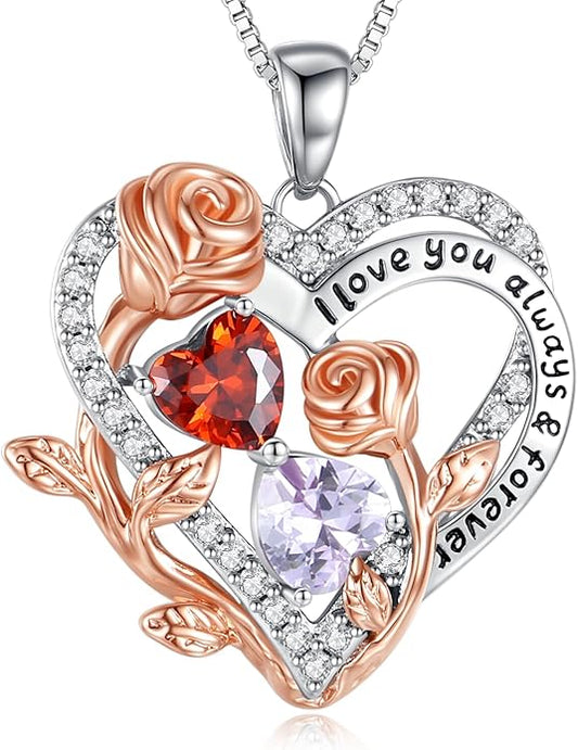 I Love You Birthstone Necklace, 925 Sterling Silver Heart Pendant with CZ Diamond Stones, Birthday Gifts for Women, Romantic Gift for Wife, Girlfriend, Her, Anniversary, Valentine's Day, Christmas