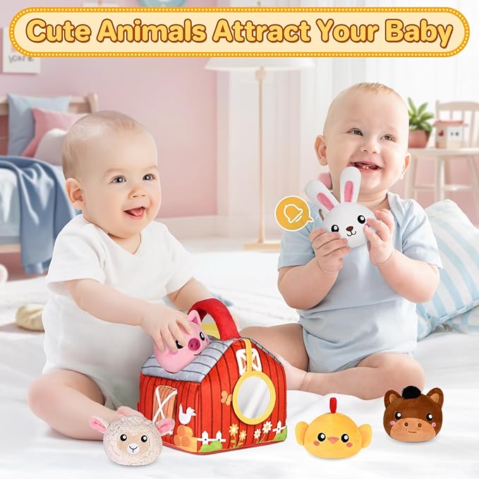 Baby Toys 0-6 6-12 Months, Plush Big Red Barn with Farm Animals, Soft Sensory Toys with Crinkle, Rattles for 0-3-6-9-12 Month Newborn Infant, Christmas Easter Birthday Gifts for Baby Boys Girls﻿