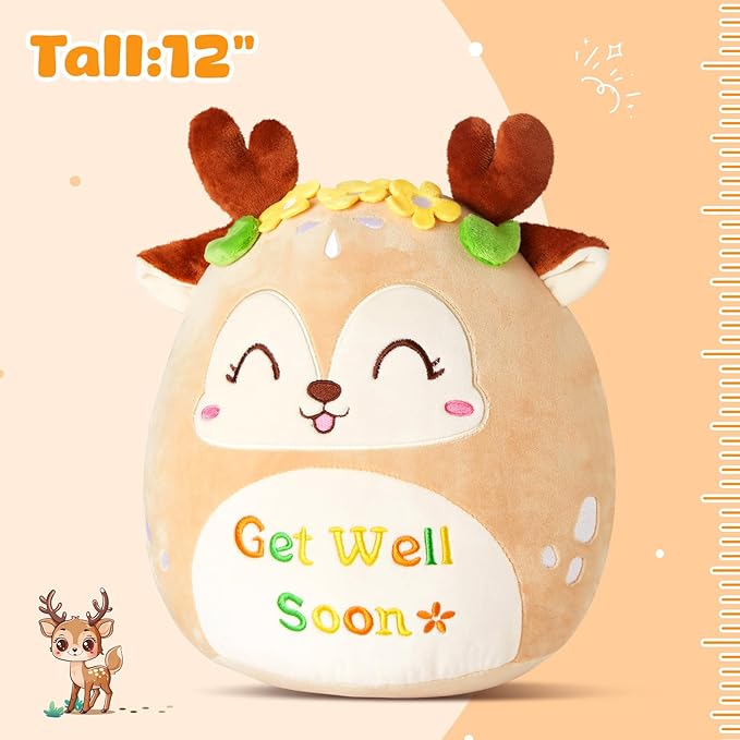 12" Get Well Soon Sika Deer Plush Pillow,Soft Deer Plushie,Cute Stuffed Animals Hugging Pillow,Get Well Soon Gift for Women Girls Kids Patient Feel Better Plush Toy