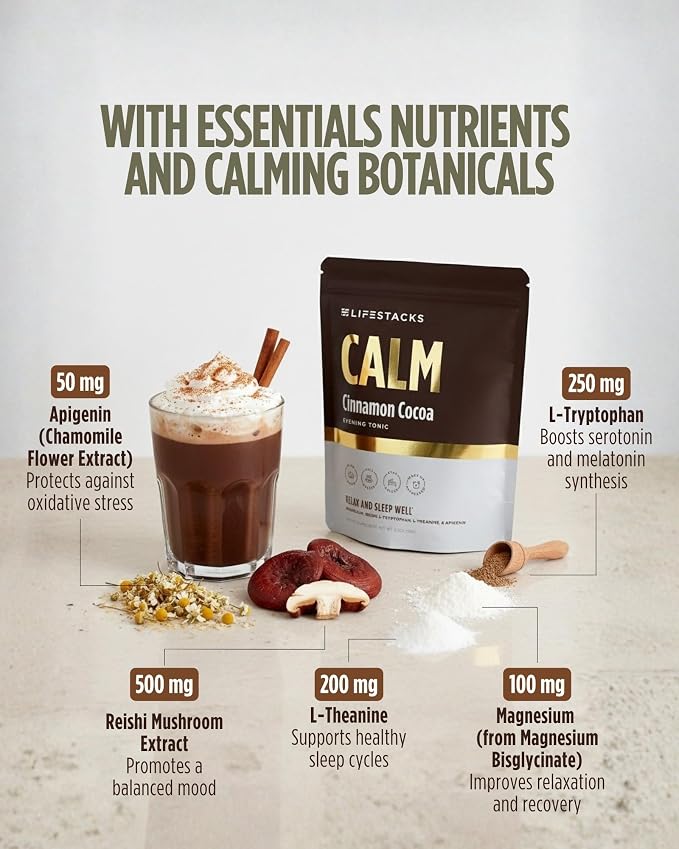 Calm Magnesium Hot Cocoa Sleep Aid - Melatonin-Free Nighttime Drink Mix with Reishi, L- Theanine, Chamomile & L-Tryptophan - Sleepy Hot Chocolate for Relaxation, Stress & Deep Rest - 20 Servings