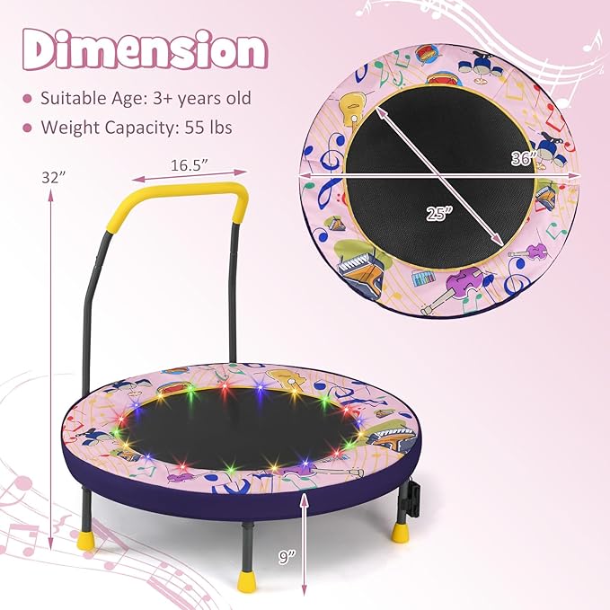 GYMAX 36” Toddler Trampoline with Lights, Folding Springless ASTM Approved Small Kids Rebounder with Foam Handle, Safety Padded Cover & Foldable Legs, Mini Indoor Baby Trampolines
