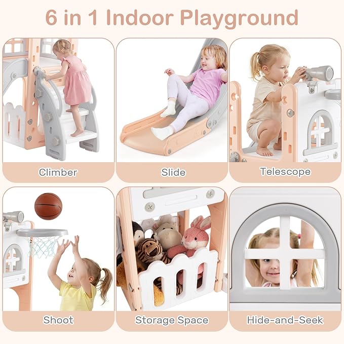 OLAKIDS Toddler Slide, 6 in 1 Kids Indoor Outdoor Playground with Climber Basketball Hoop Telescope Toy Storage for Boys Girls Aged 1+ (Pink, 27'')